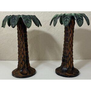 Vintage Decorative Metal Green & Brown Palm Tree Candleholders Tropical Rustic